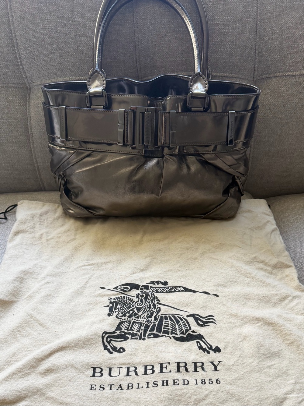 Burberry Metallic Pleated Leather Buckle Tote